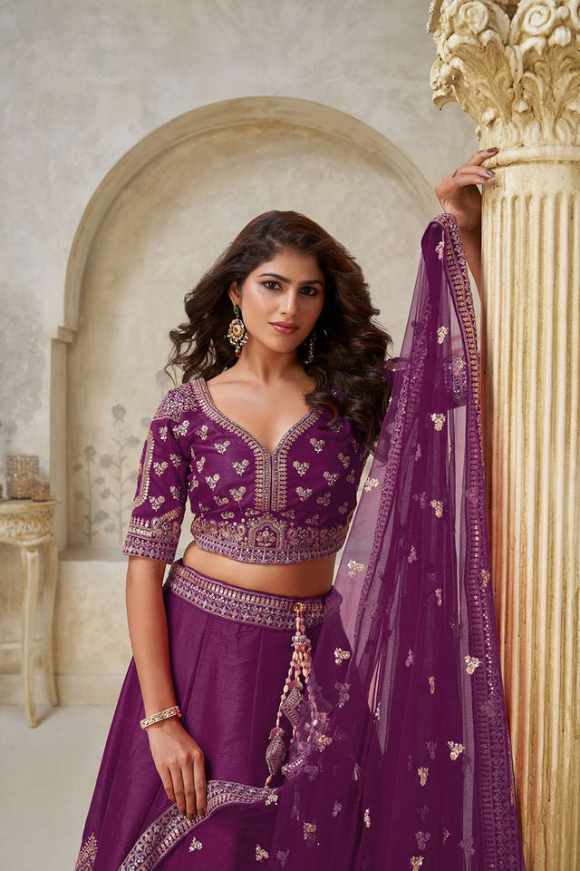 Wine Sequin with Embroidered Silk Lehenga