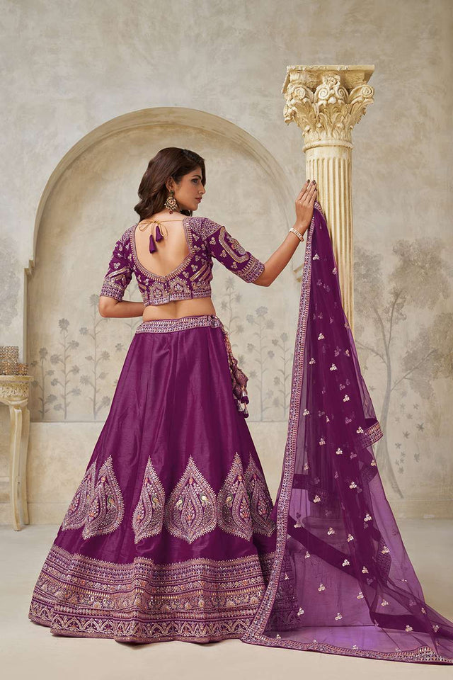 Wine Sequin with Embroidered Silk Lehenga