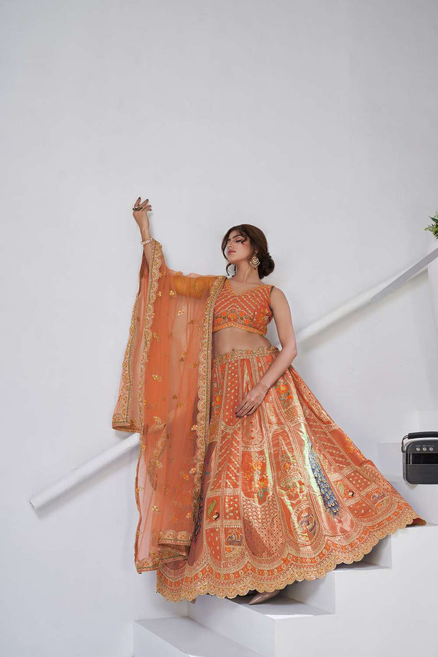 Rust Sequin with Embroidered Banarsi Lehenga