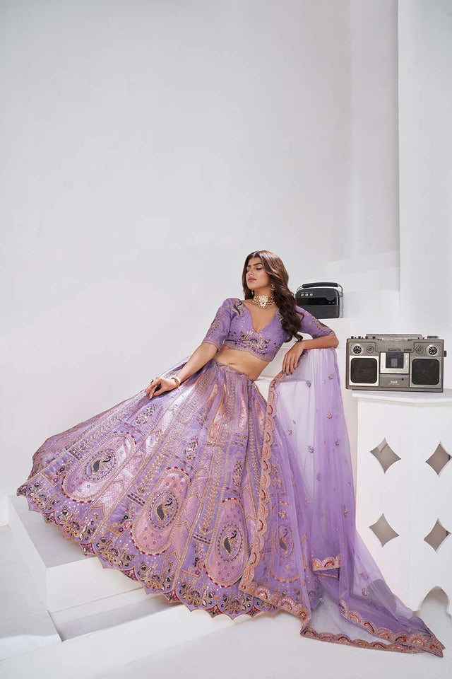 Violet Sequin with Embroidered Banarsi Lehenga