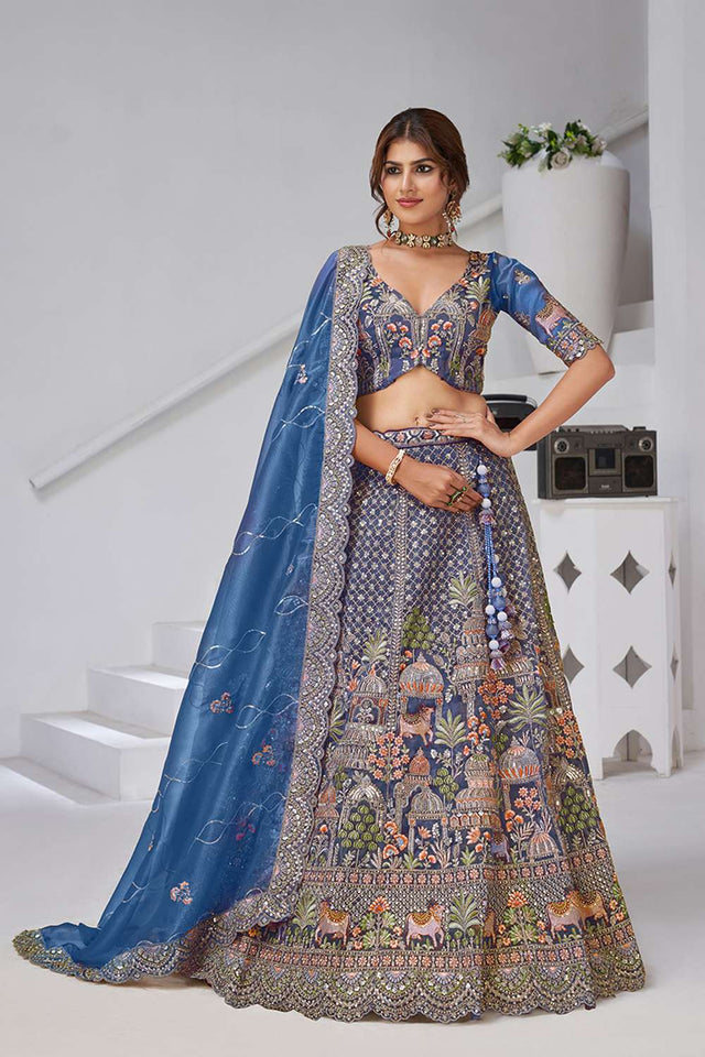 Turquoise Sequin with Embroidered Organza Lehenga