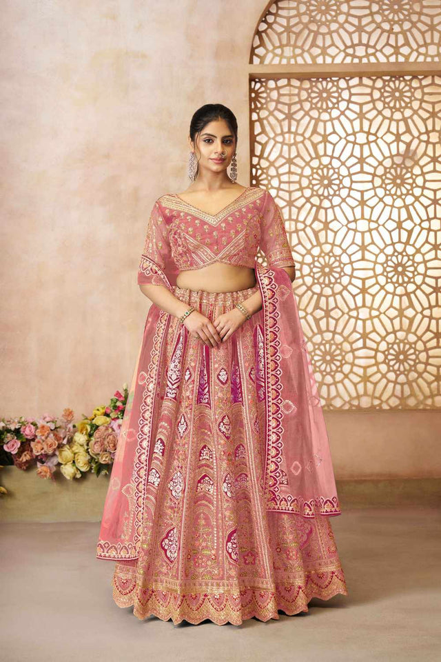 Pink Sequin With Zari Banarasi Silk Lehenga