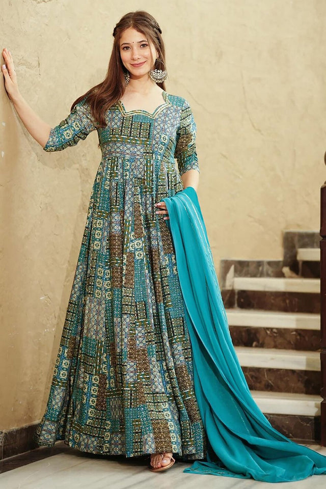 Light Blue Printed Rayon Gown (KF Lucaya19-1901)
