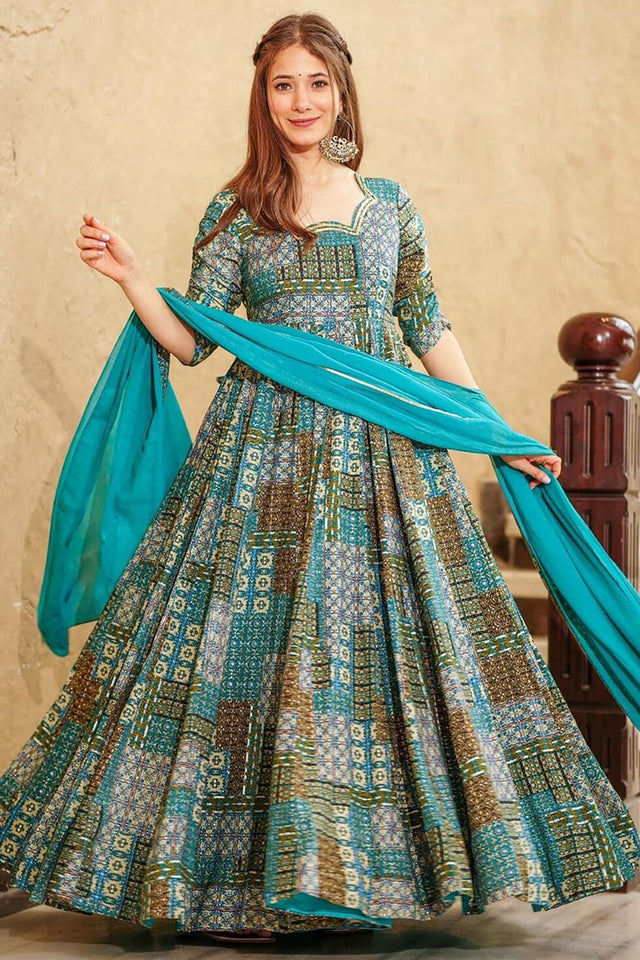 Light Blue Printed Rayon Gown (KF Lucaya19-1901)