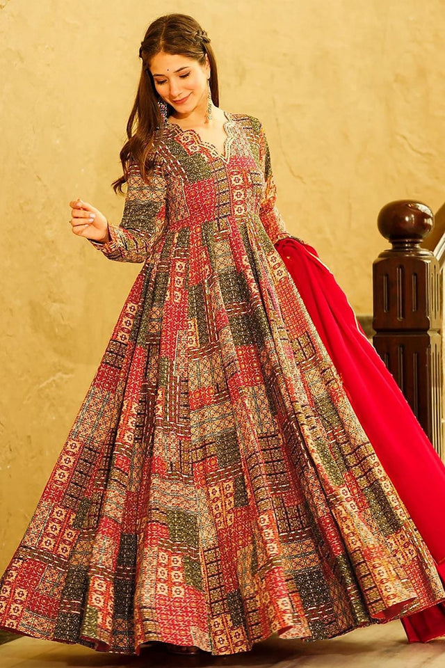 Red Printed Rayon Gown (KF Lucaya19-1904)