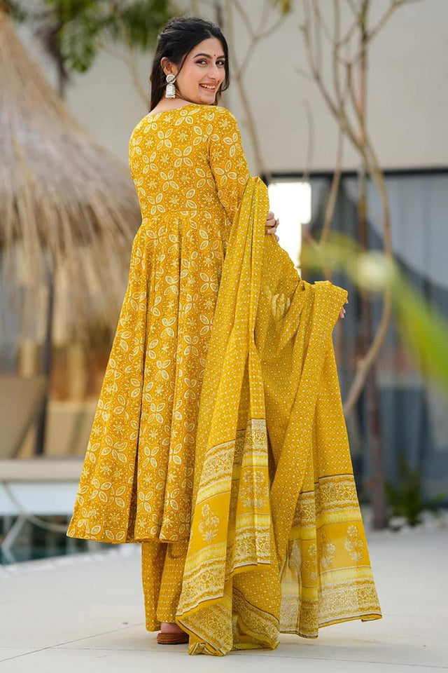 Yellow Floral Printed Rayon Anarkali Suits (KF clora-706)