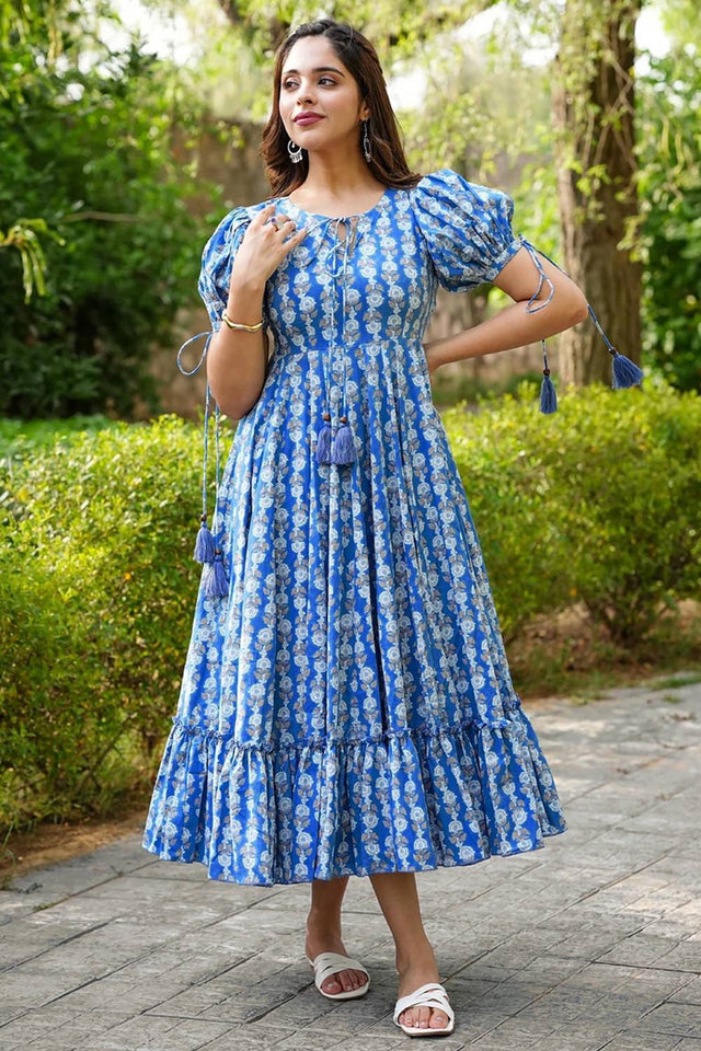 Blue Floral Printed Rayon Dresses (KF clora2-201)