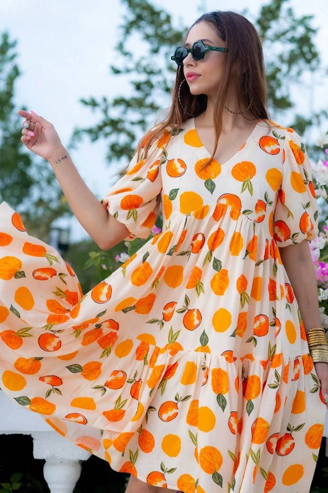 Off White Printed Rayon Dresses (KF clora2-206)