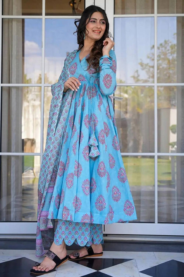 Blue Floral Printed Rayon Palazzo Suits (KF clora3-306)