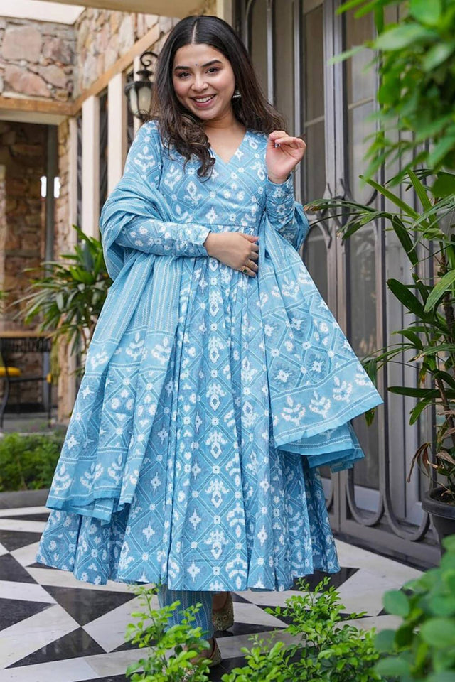 Blue Printed Rayon Palazzo Suits (KF clora3-308)