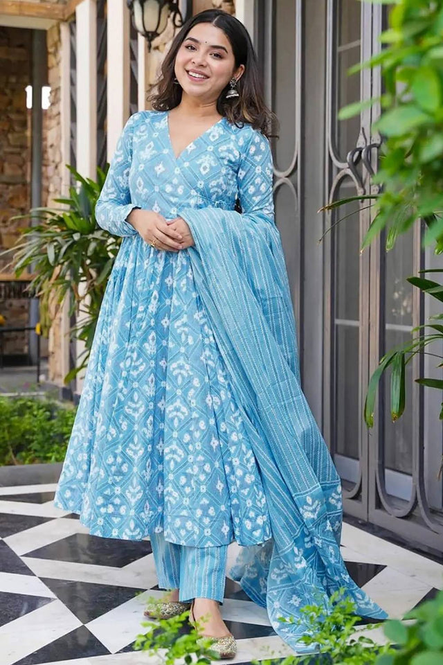 Blue Printed Rayon Palazzo Suits (KF clora3-308)