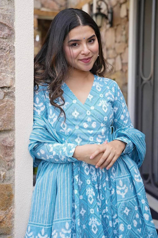 Blue Printed Rayon Palazzo Suits (KF clora3-308)