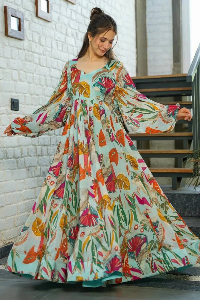 Multi Color Floral Printed Art Silk Gown (KF clora4-402)