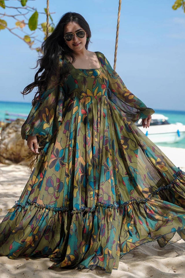 Multi Color Floral Printed Art Silk Gown (KF clora4-406)