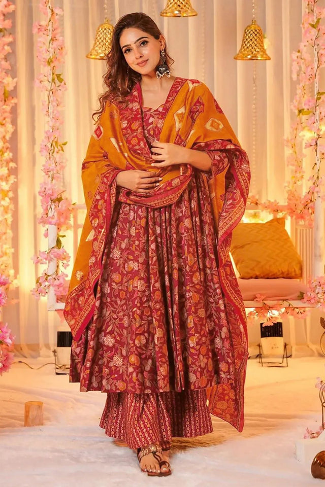 Red Floral Printed Rayon Anarkali Suits (KF clora6-602)