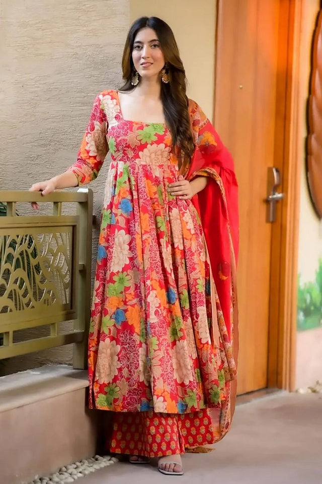 Red Floral Printed Rayon Anarkali Suits (KF clora6-604)