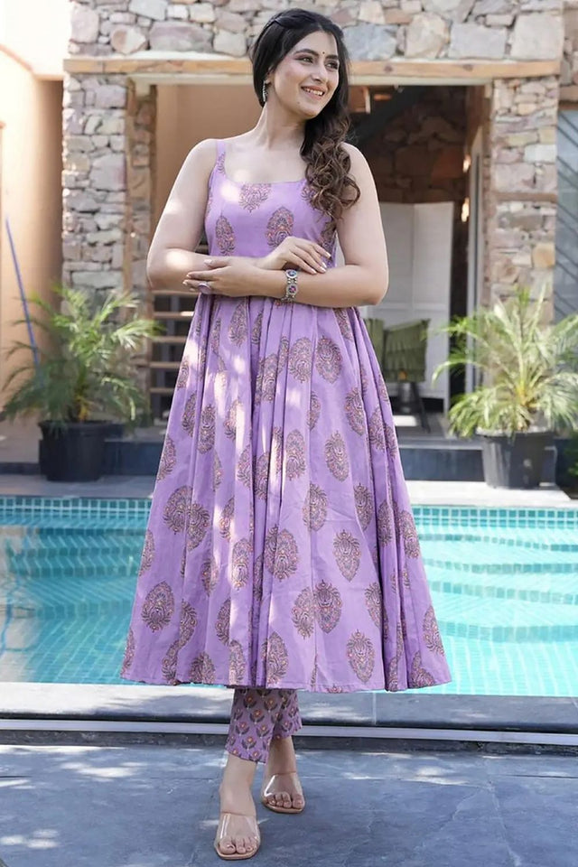 Lavender Floral Printed Rayon Anarkali Suits (KF clora6-606)