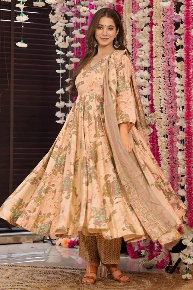 Cream Floral Printed Rayon Anarkali Suits (KF clora6-607)
