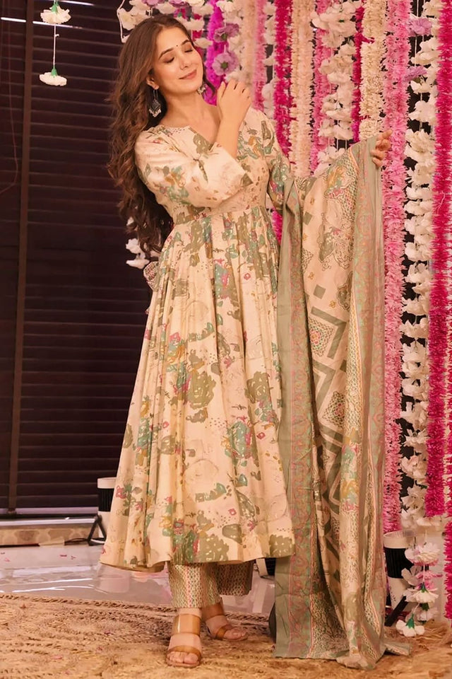 Cream Floral Printed Rayon Anarkali Suits (KF clora6-607)