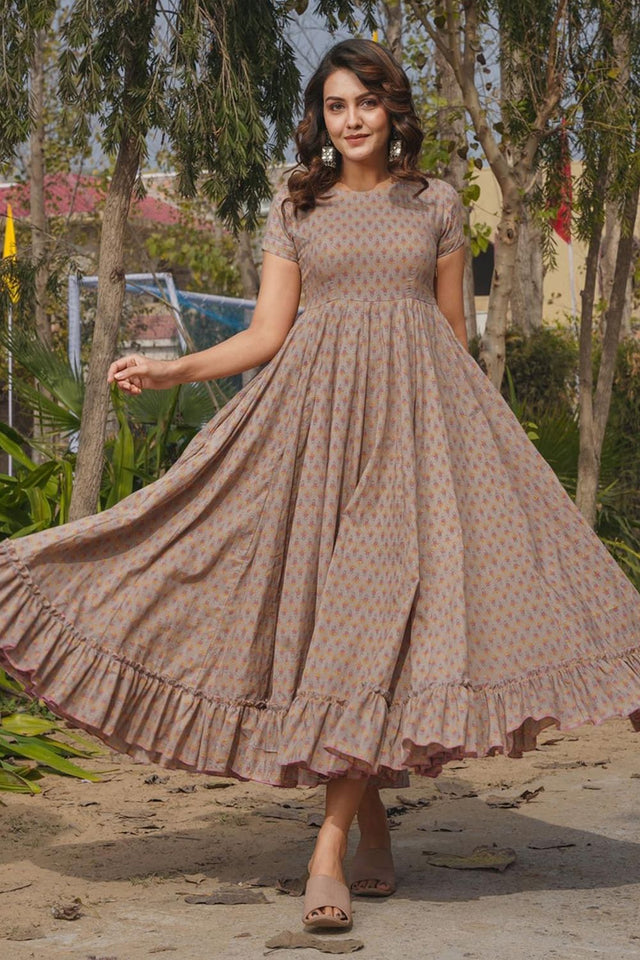 Beige Printed Rayon Dresses (KF clora8-801)