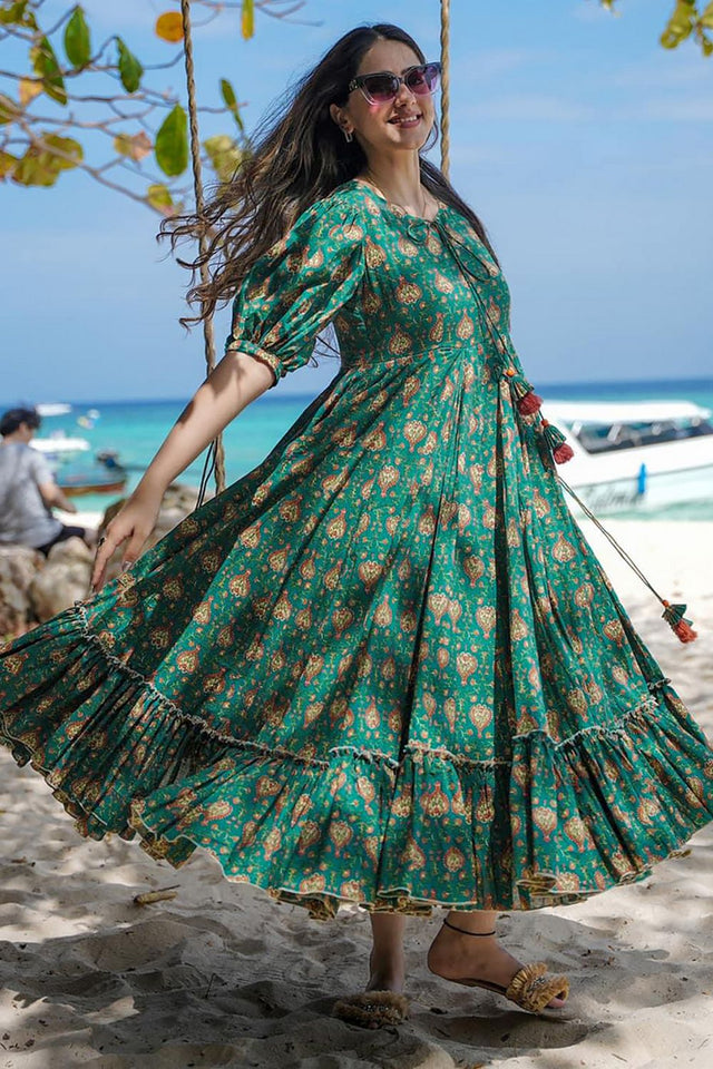 Green Printed Rayon Dresses (KF clora8-805)
