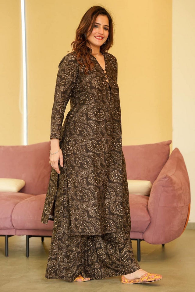Black Printed Rayon Kurti Pant Set (KF lucaya12-1203)
