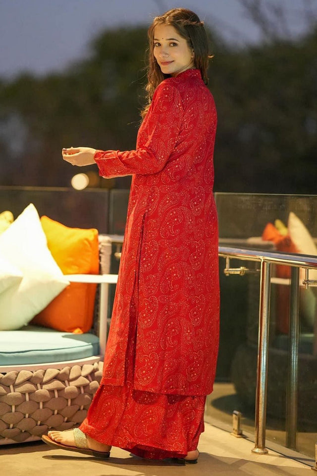 Red Printed Rayon Kurti Palazzo Set (KF lucaya12-1204)