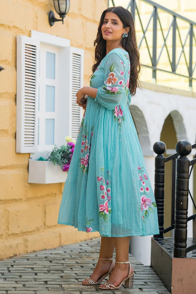 Blue Floral Printed Rayon Dresses (KF lucaya13-1302)