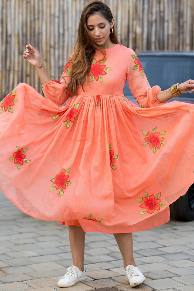 Peach Floral Printed Rayon Dresses (KF lucaya13-1303)