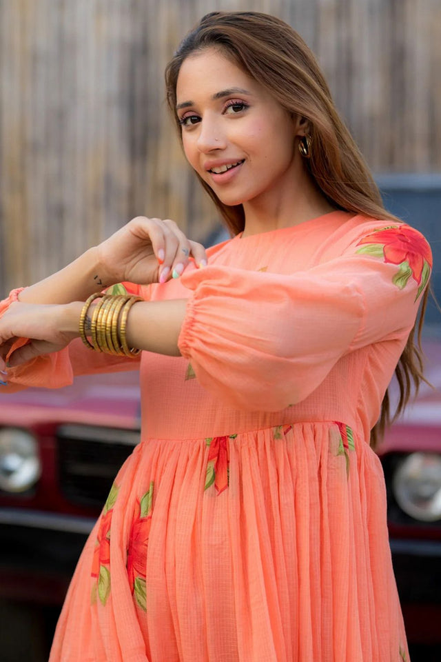 Peach Floral Printed Rayon Dresses (KF lucaya13-1303)