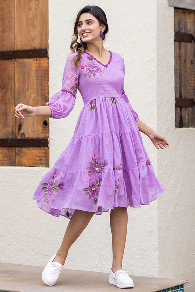 Lavender Floral Printed Rayon Dresses (KF lucaya13-1305)