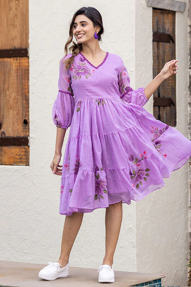 Lavender Floral Printed Rayon Dresses (KF lucaya13-1305)