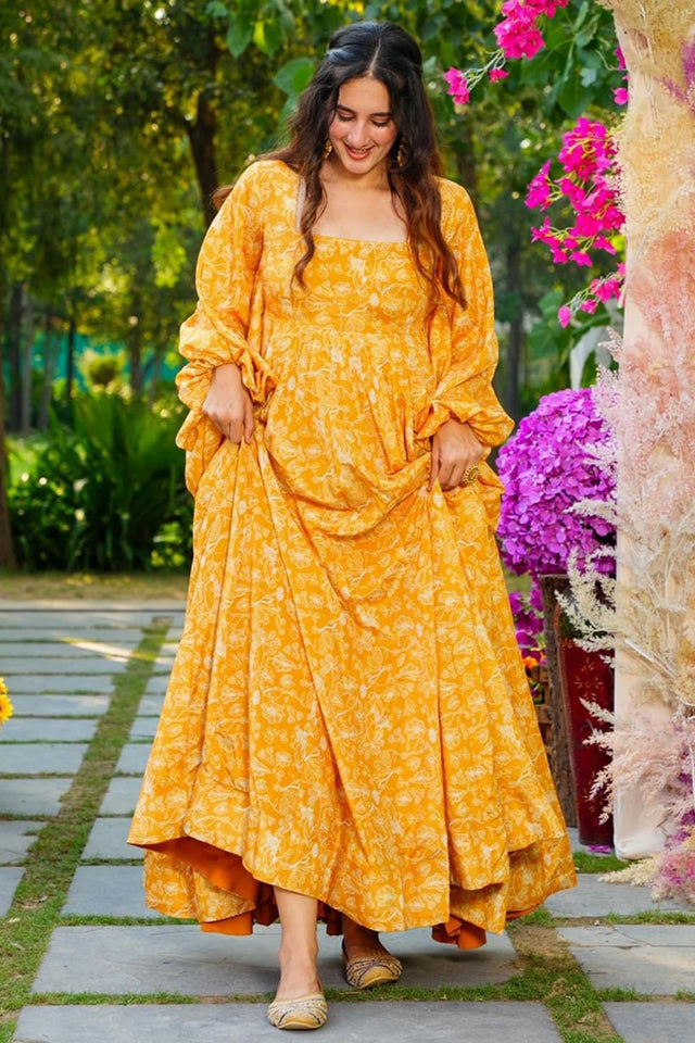 Yellow Floral Printed Georgette Dresses (KF lucaya16-1601)