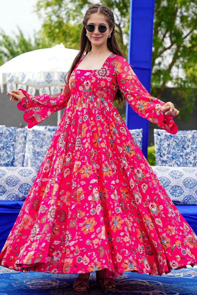 Pink Floral Printed Georgette Dresses (KF lucaya16-1604)