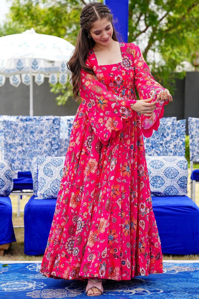 Pink Floral Printed Georgette Dresses (KF lucaya16-1604)