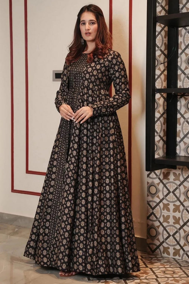 Black Printed Rayon Gown (KF lucaya17-1701)