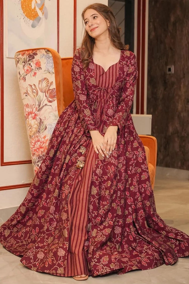 Maroon Floral Printed Rayon Gown (KF lucaya17-1702)