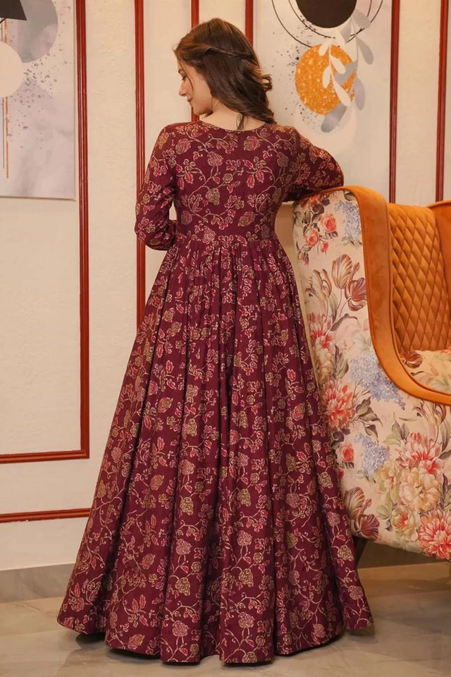 Maroon Floral Printed Rayon Gown (KF lucaya17-1702)