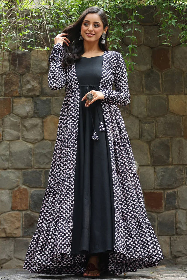 Black Printed Rayon Gown (KF lucaya17-1703)