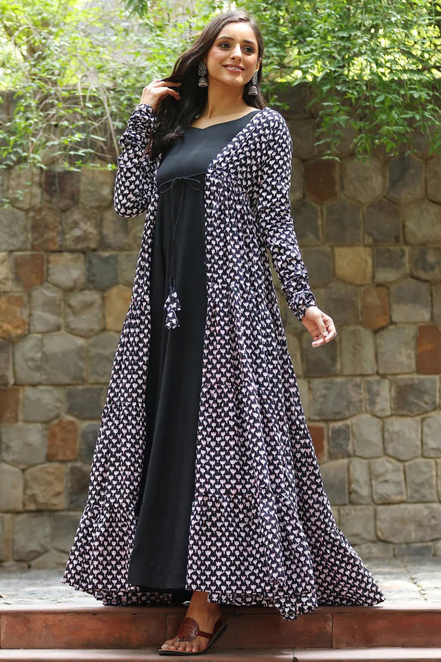 Black Printed Rayon Gown (KF lucaya17-1703)