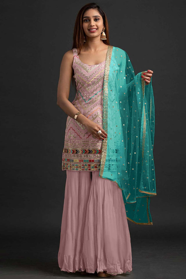 Pink Georgette Embroidered Sharara Suit Set