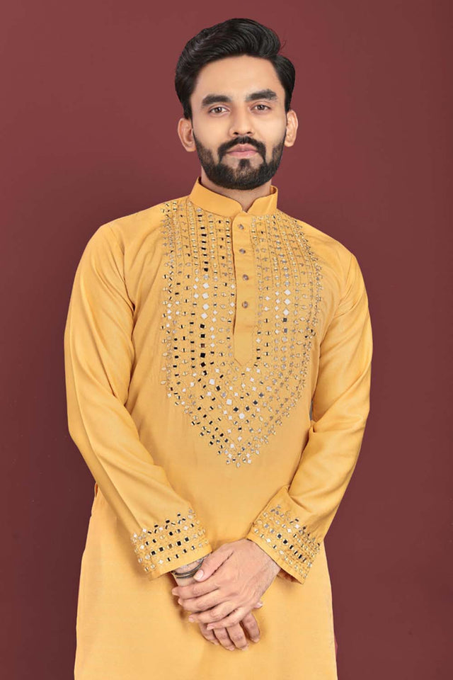 Yellow Sequin Silk Men's Kurta Set