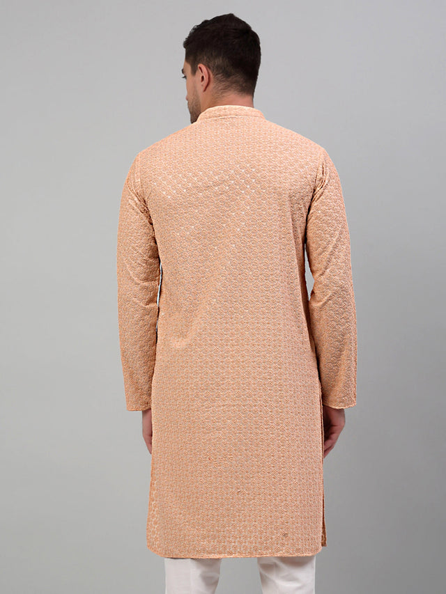 Men's Peach Chikankari Embroidered And Sequin Kurta