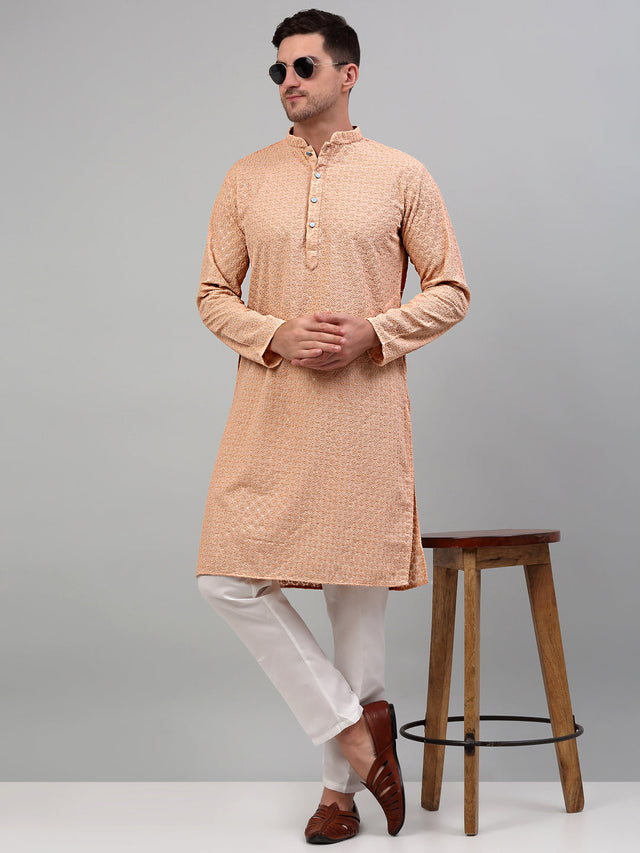 Men's Peach Chikankari Embroidered And Sequin Kurta