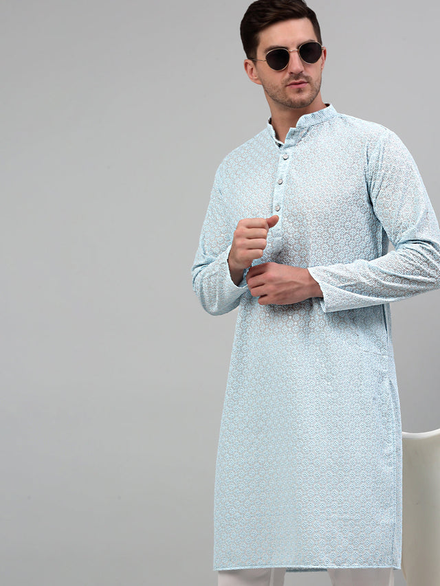 Men's Sky Blue Chikankari Embroidered and Sequin Kurta - XL