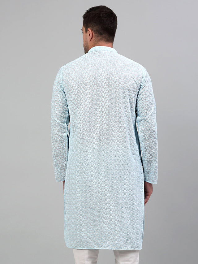 Men's Sky Blue Chikankari Embroidered And Sequin Kurta