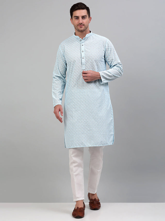 Men's Sky Blue Chikankari Embroidered And Sequin Kurta