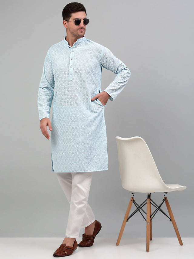Men's Sky Blue Chikankari Embroidered And Sequin Kurta