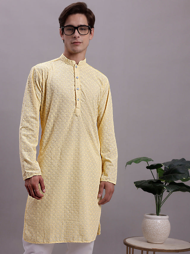 Men's Yellow Chikankari Embroidered And Sequin Kurta