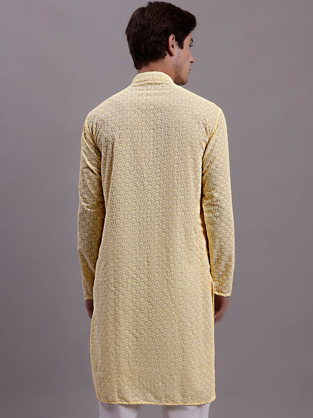 Men's Yellow Chikankari Embroidered And Sequin Kurta